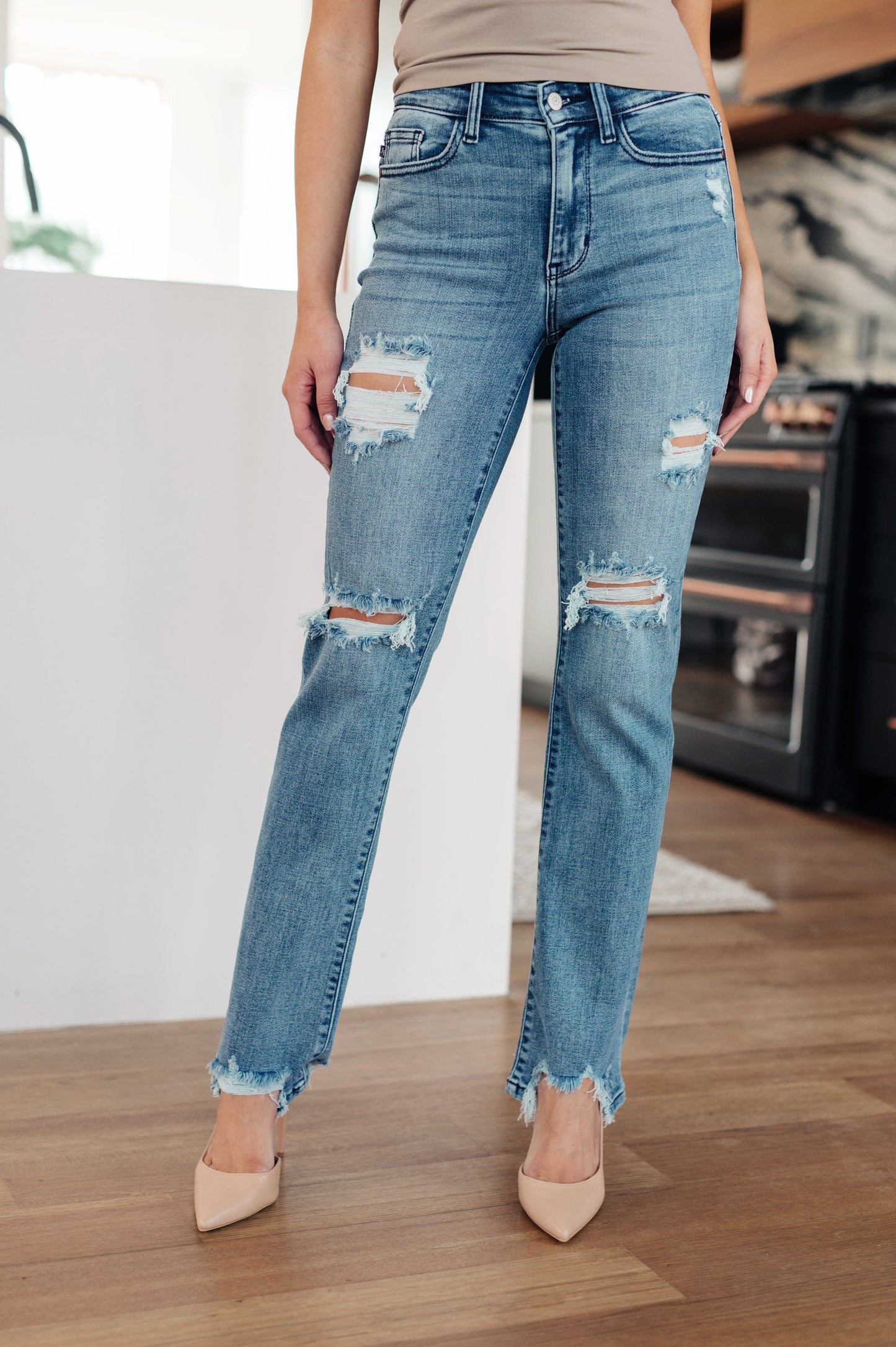 O'Hara Mid Rise Destroyed Straight Jeans in Medium Wash