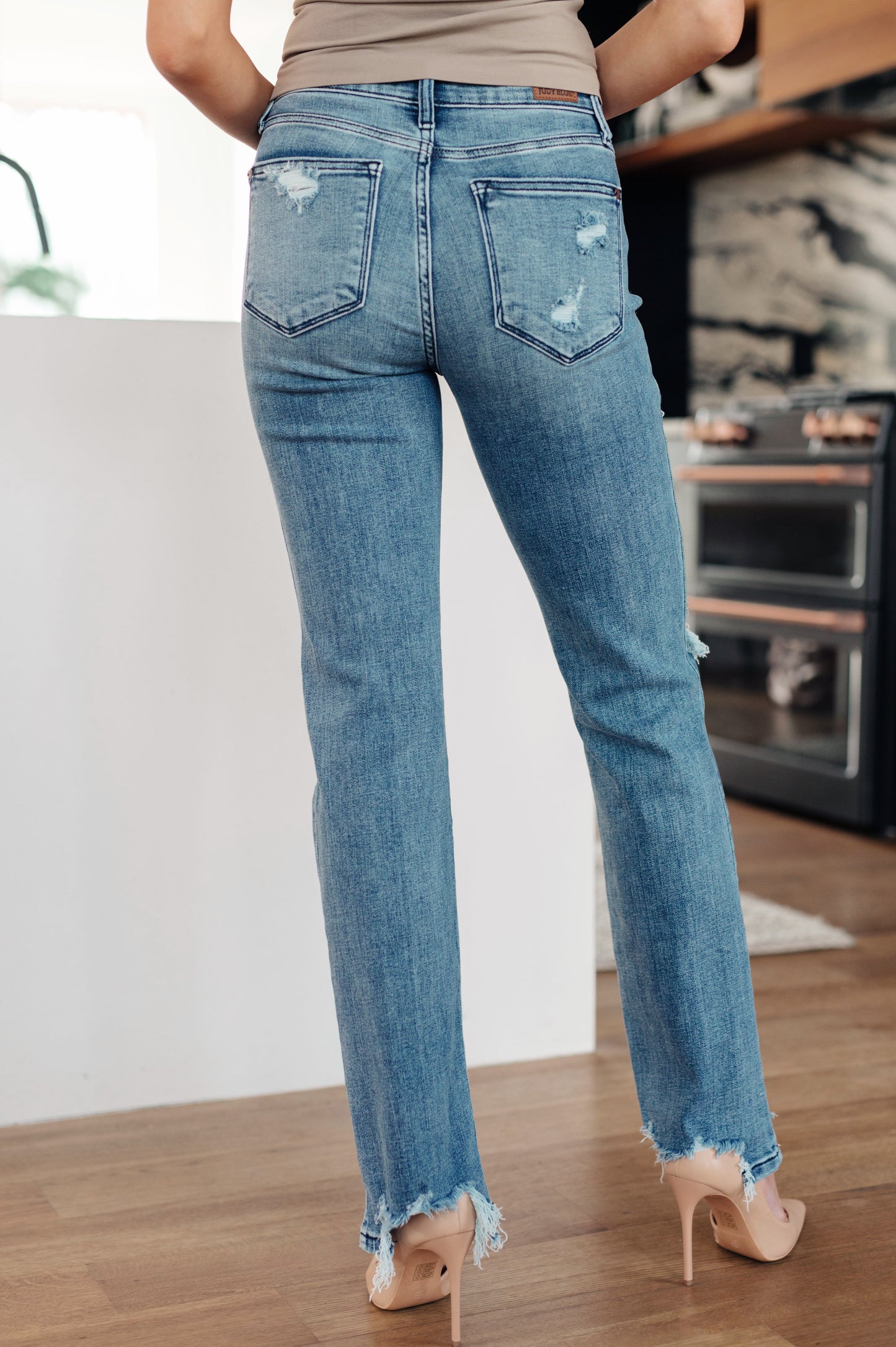 O'Hara Mid Rise Destroyed Straight Jeans in Medium Wash