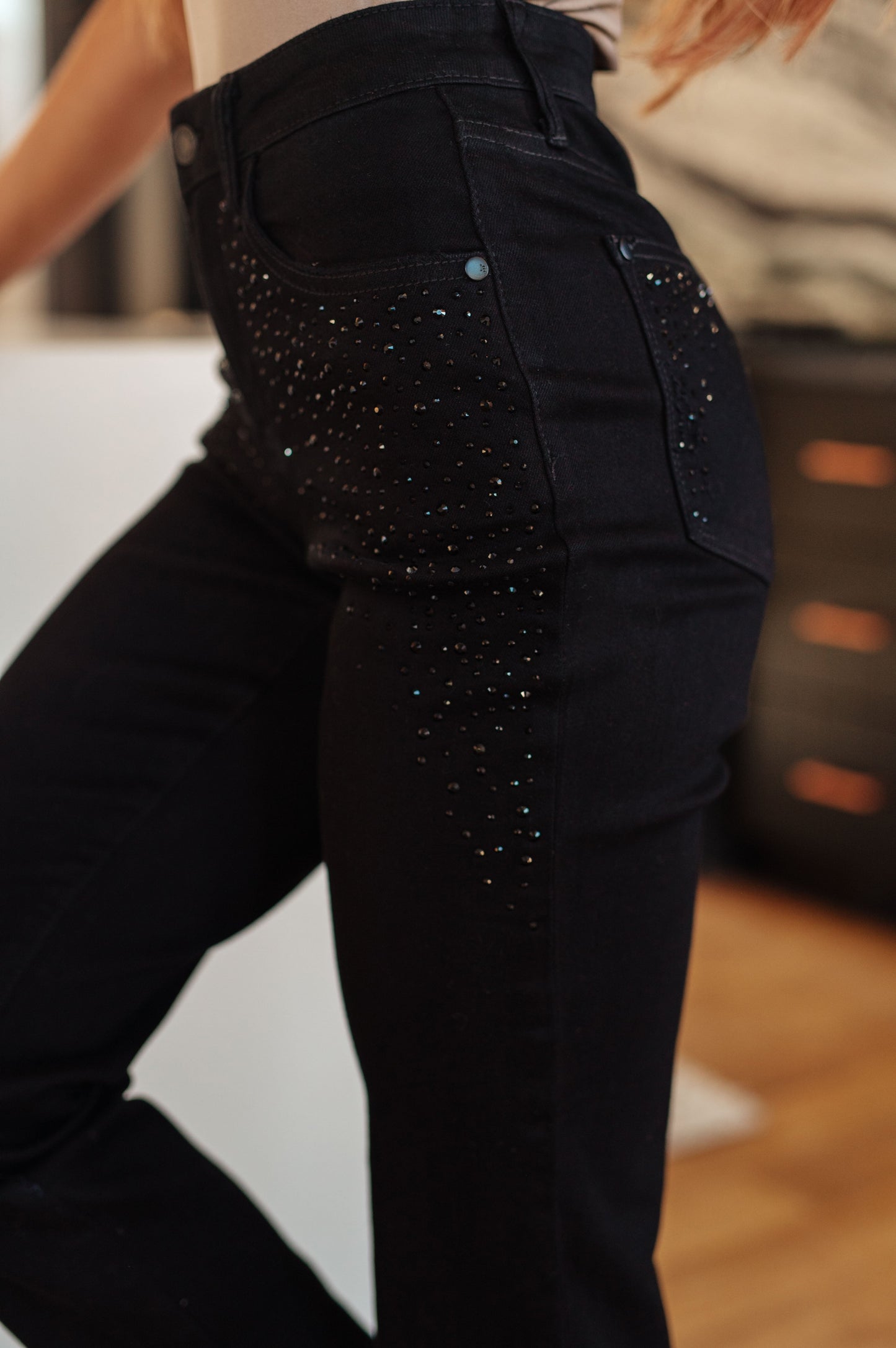 Reese Rhinestone Slim Fit Jeans in Black