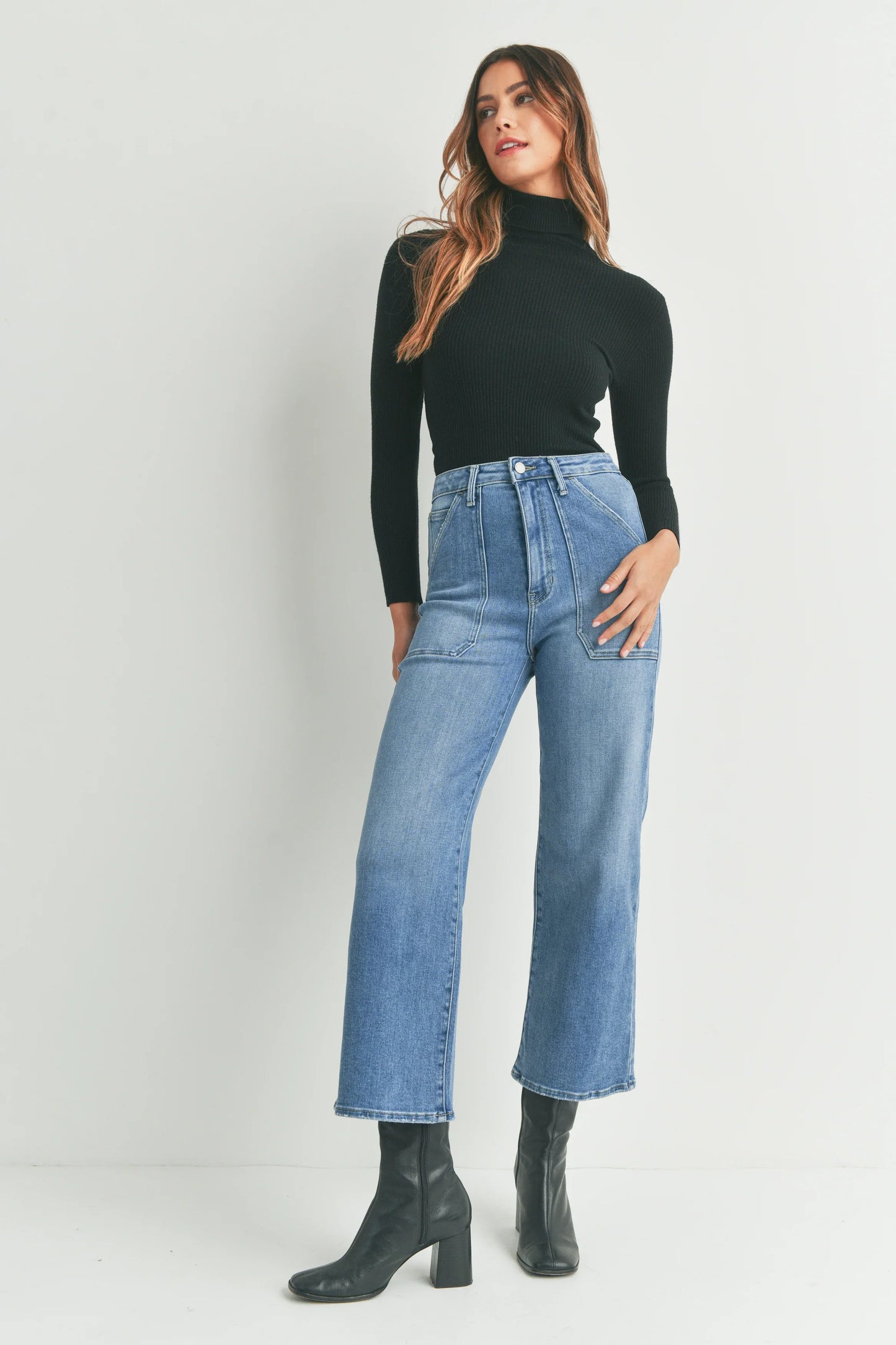 PREORDER: Patch Pocket Wide Leg Jeans in Four Colors