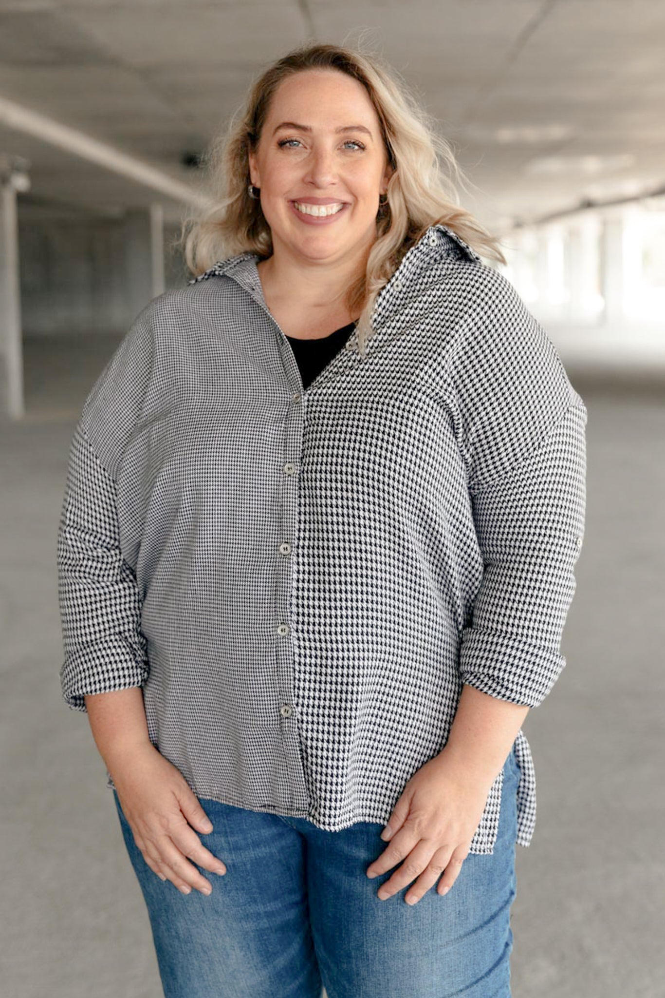 Mixed Houndstooth Button Up Top