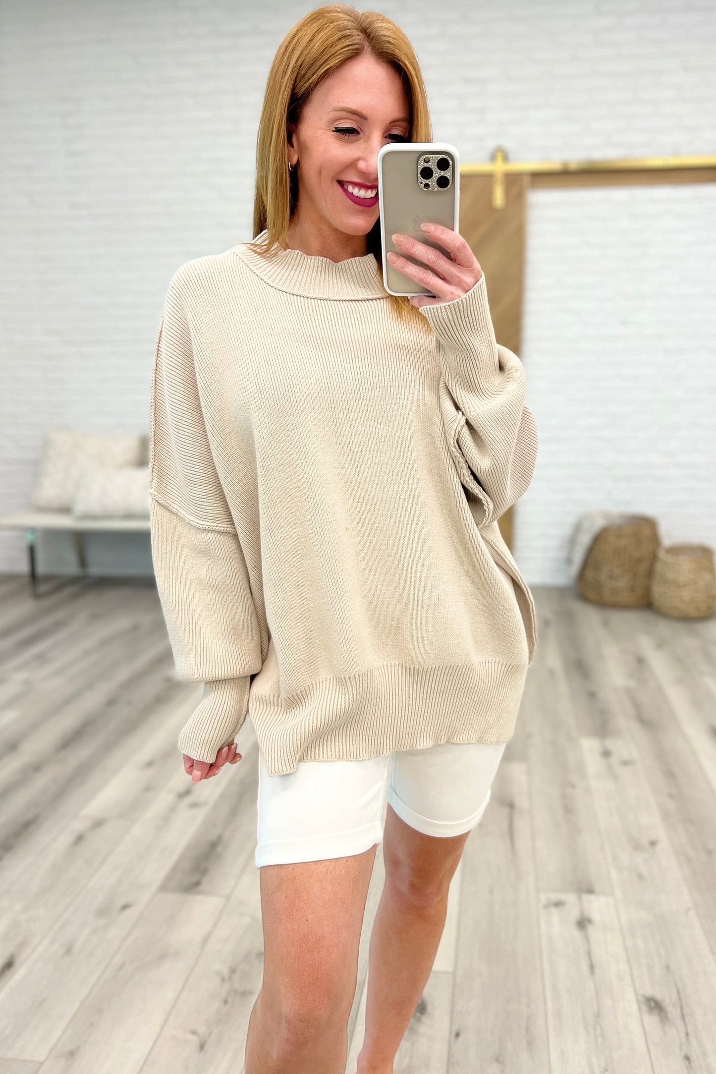 Margot Side Slit Oversized Sweater in Sand Beige