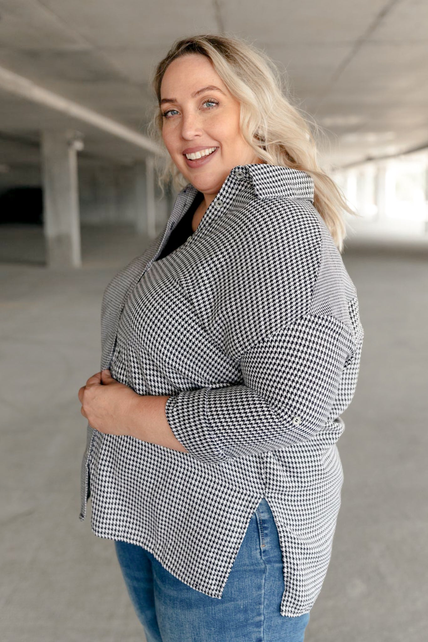 Mixed Houndstooth Button Up Top