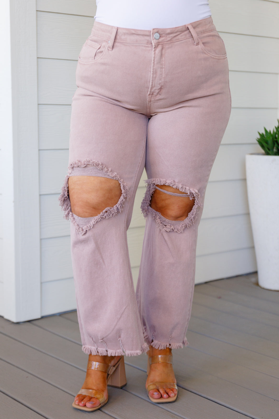 Babs High Rise Distressed Straight Jeans in Mauve