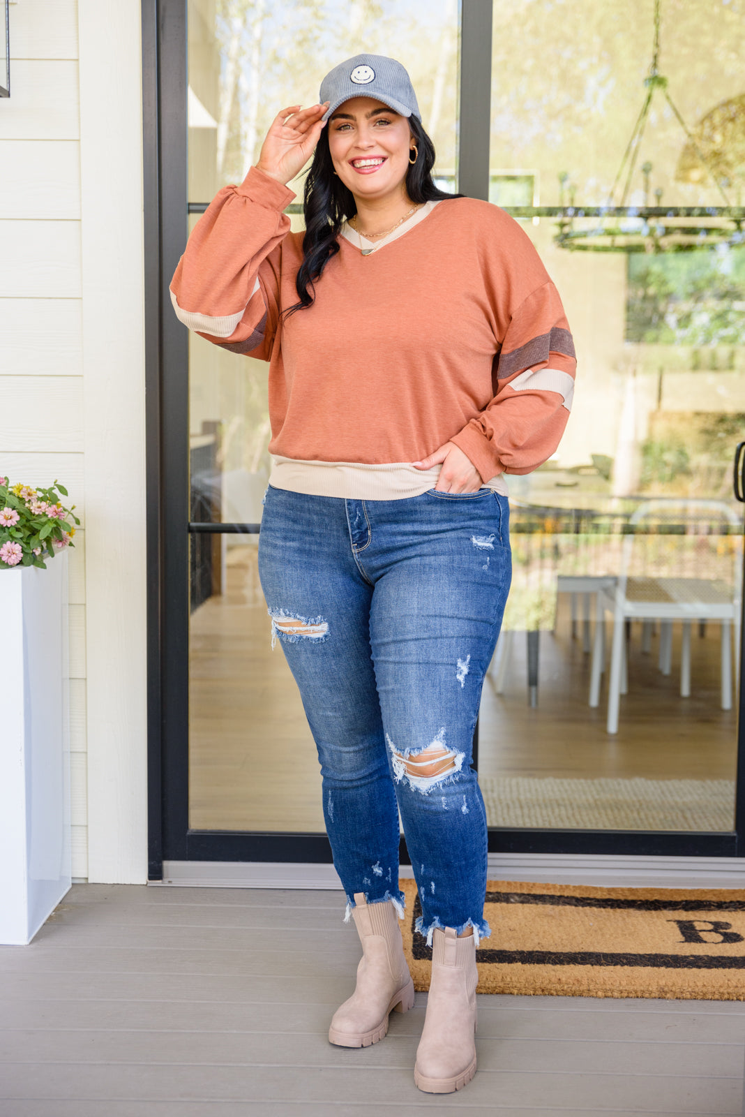 Back In Action Retro V-Neck Sweatshirt Top In Rust