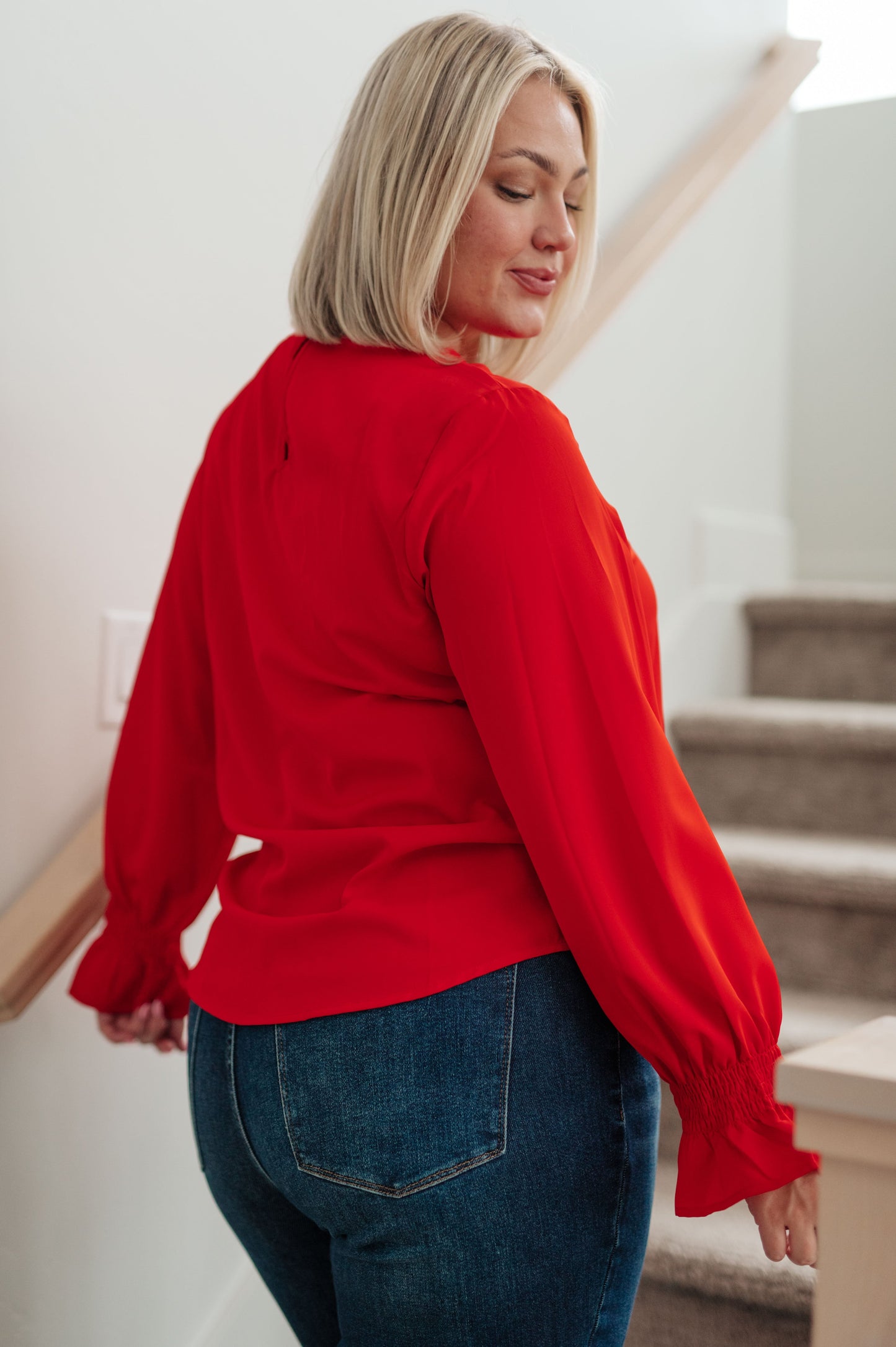 Peaceful Moments Smocked Sleeve Blouse in Red