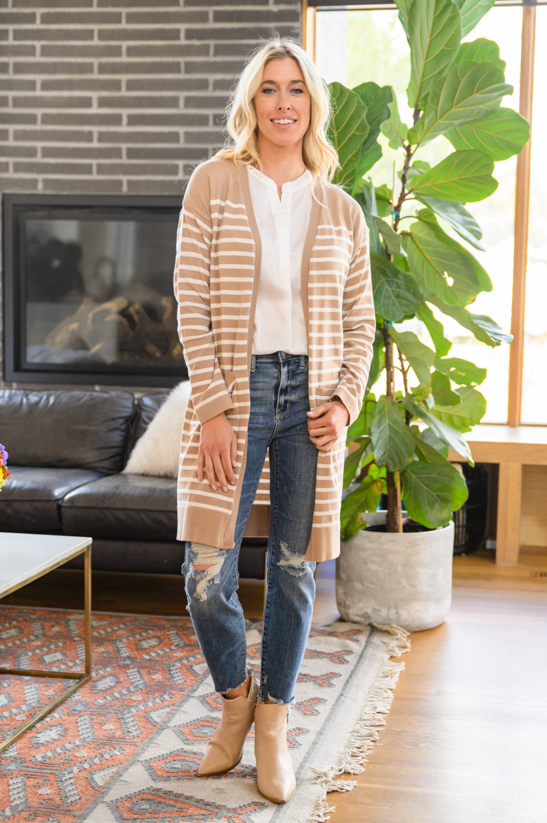 Swift Stripes Pocket Cardigan In Taupe