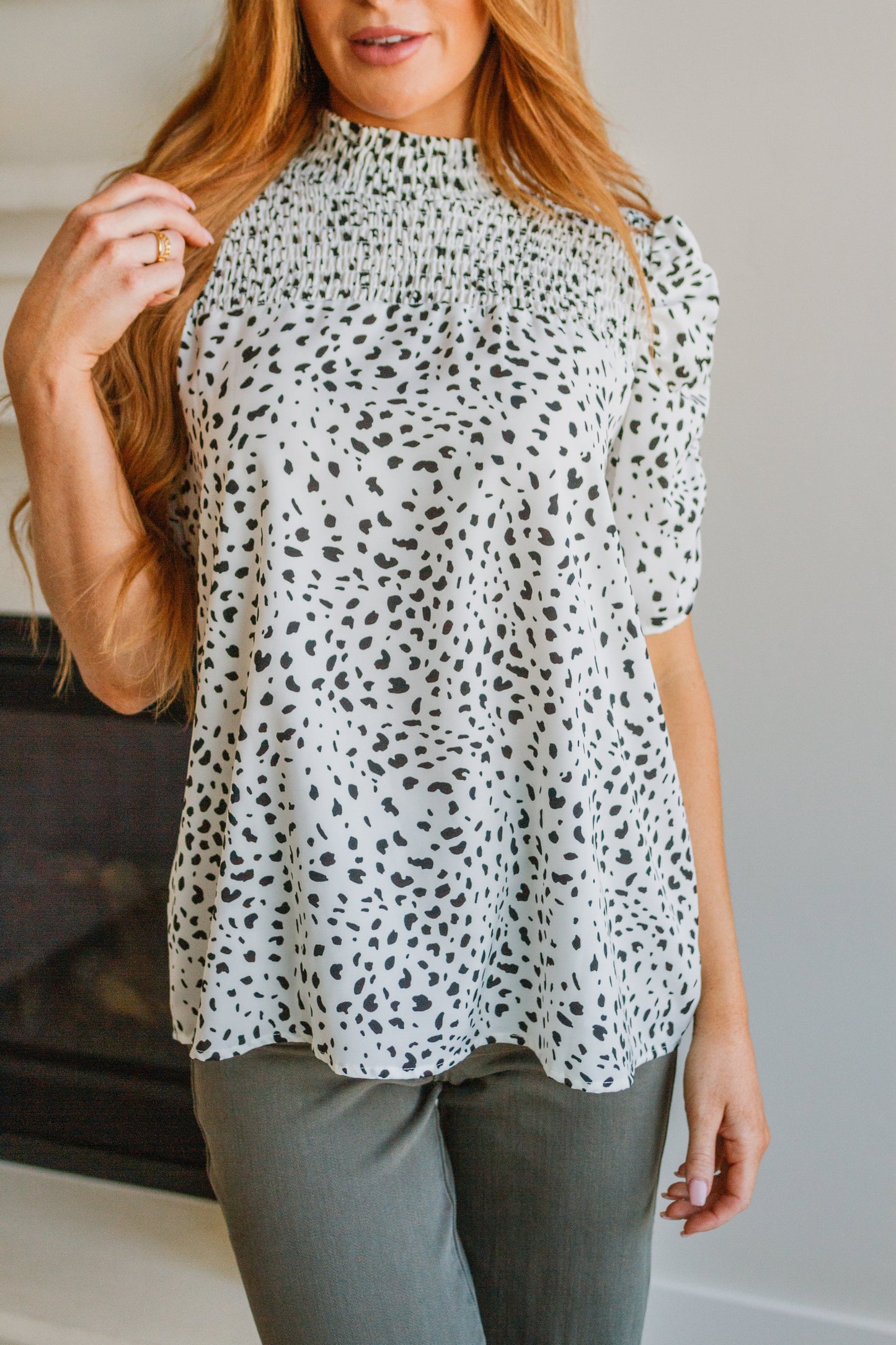 Dottie Ruched Mock Neck Blouse