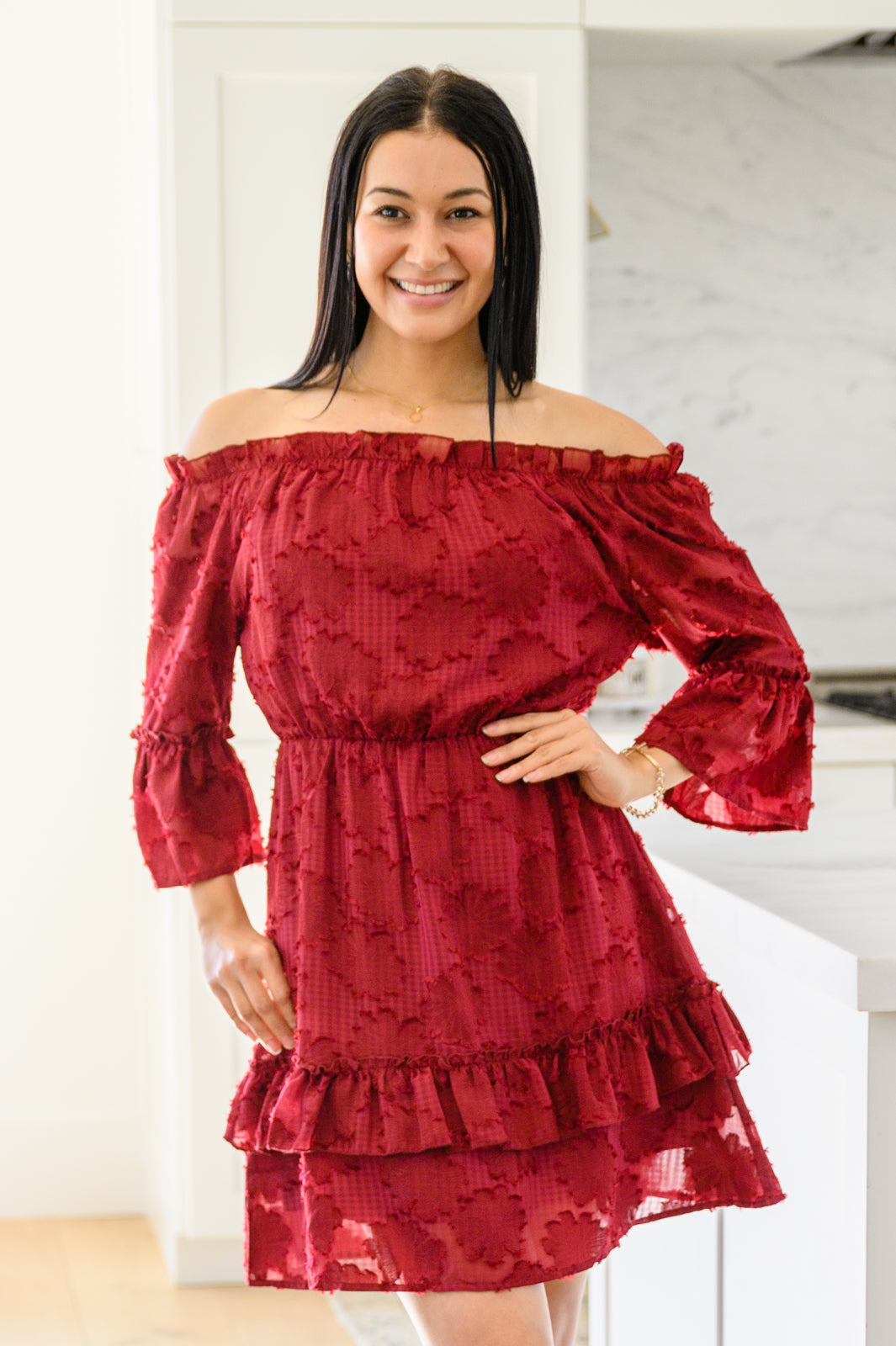 Hello, Goodbye Ruffle Dress In Burgundy