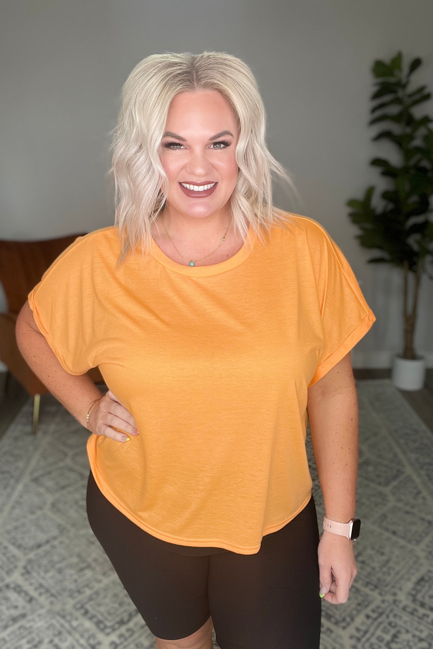 Round Neck Cuffed Sleeve Top in Neon Orange