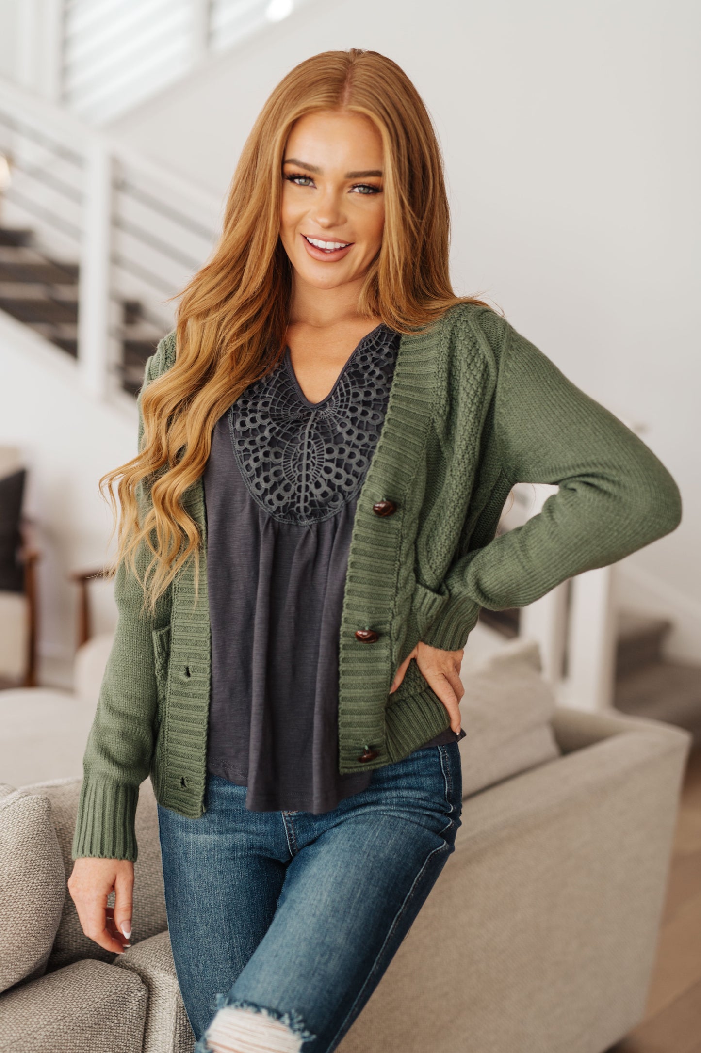 Climbing Vine Cable Knit Cardigan in Green