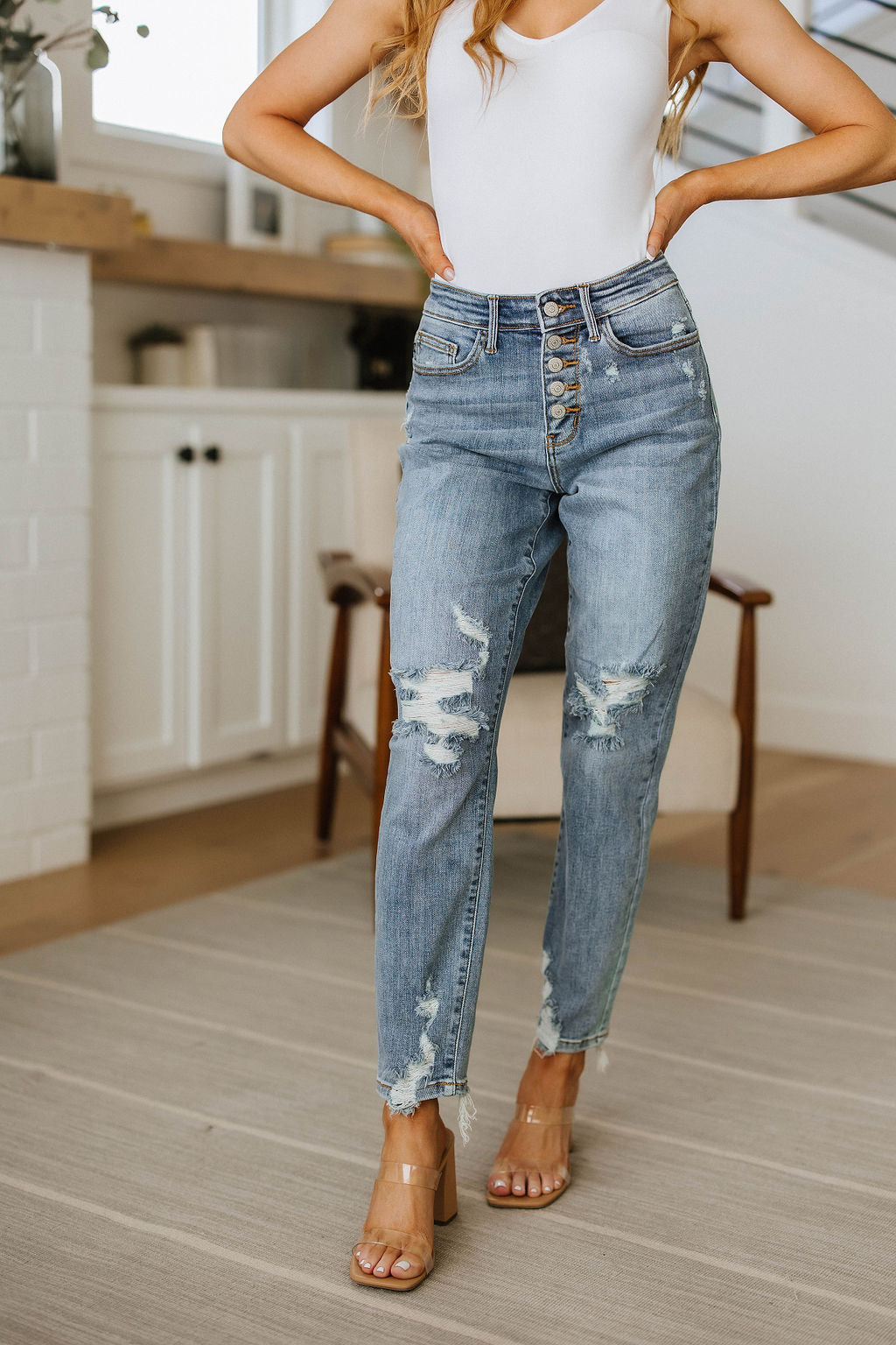 Josie High Rise Button Fly Boyfriend Jeans