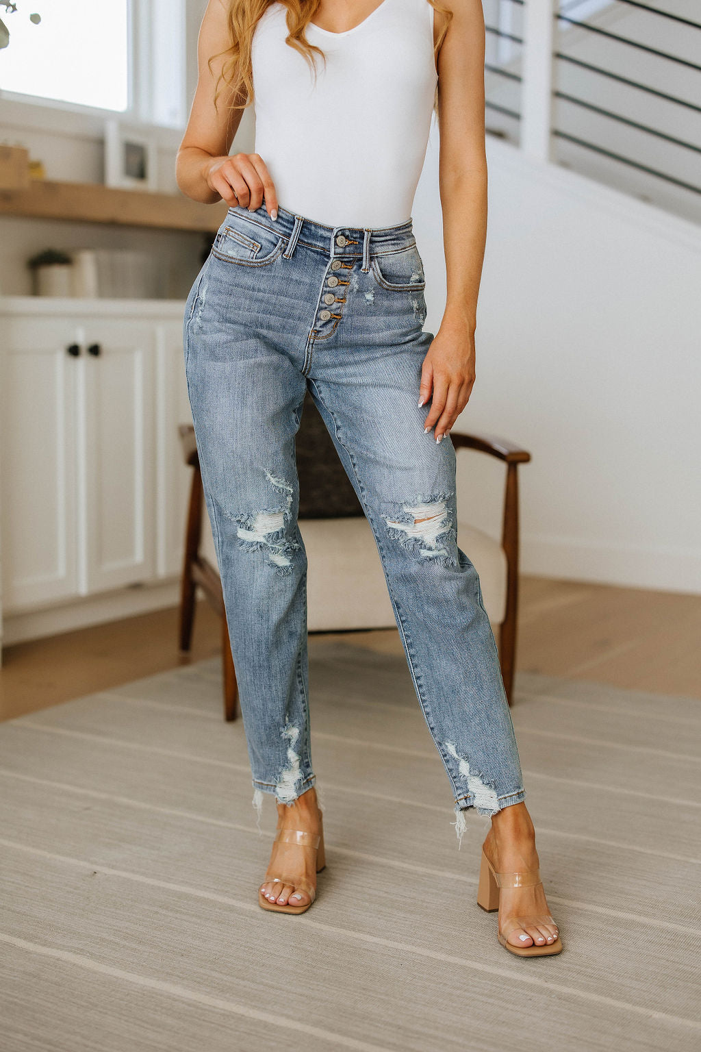 Josie High Rise Button Fly Boyfriend Jeans