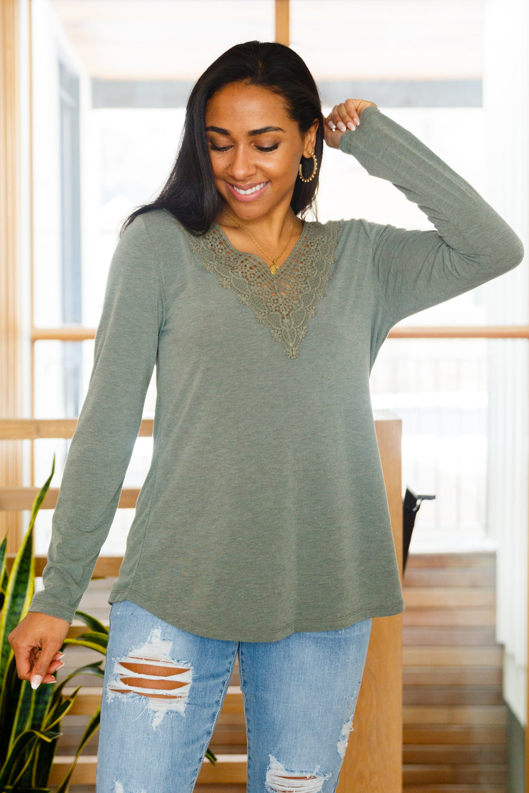 Lacey Long Sleeve V Neck In Olive