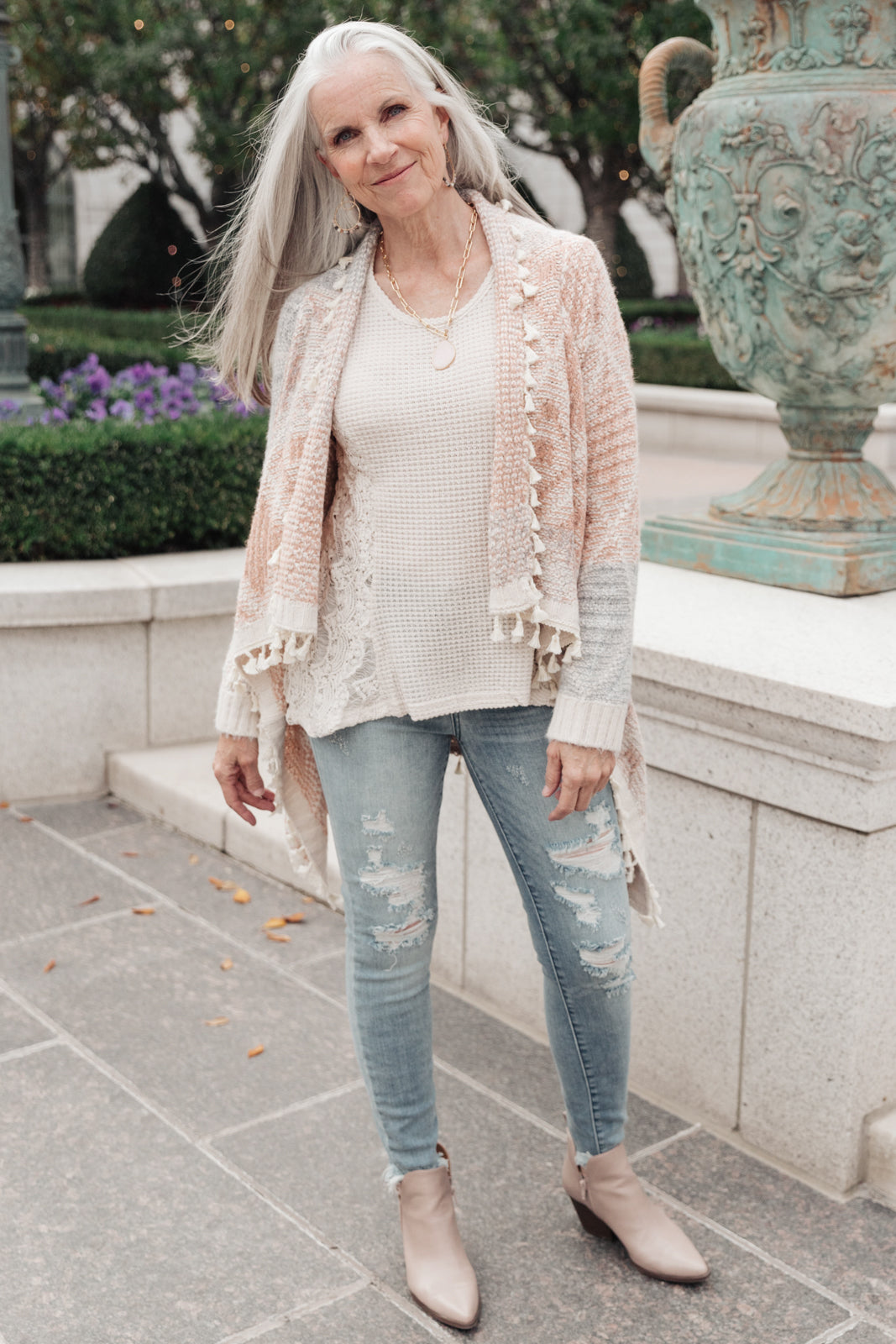 Lined with Tassel Cardigan in Mauve/Blue