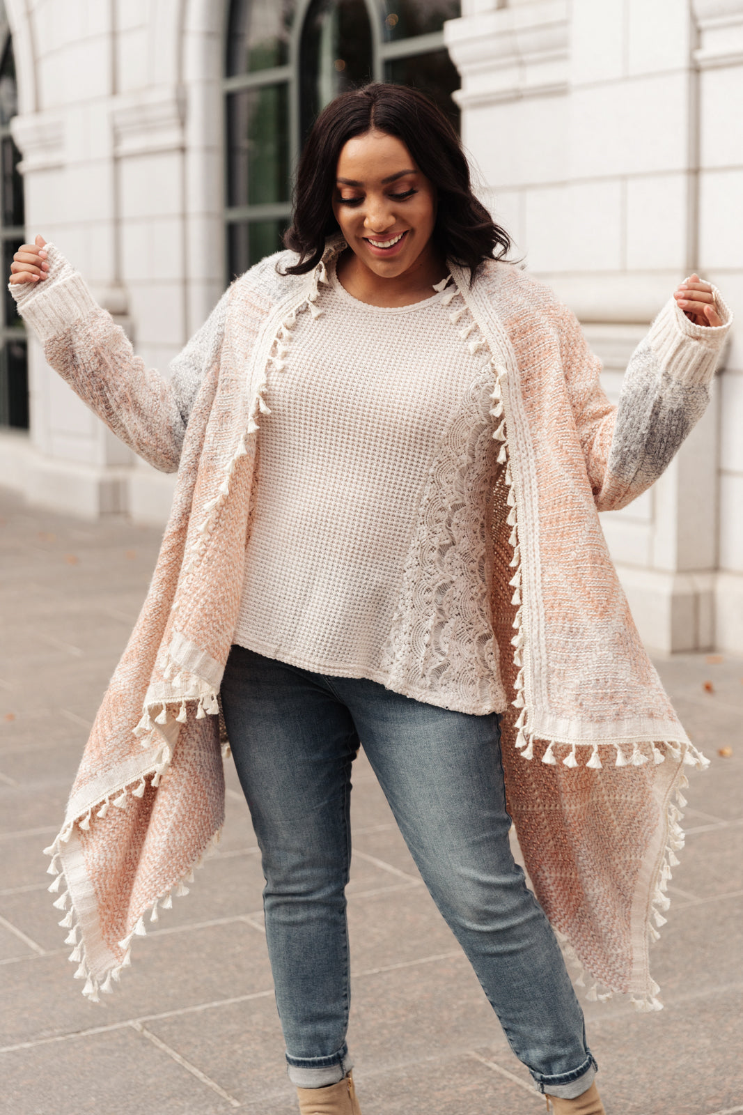 Lined with Tassel Cardigan in Mauve/Blue