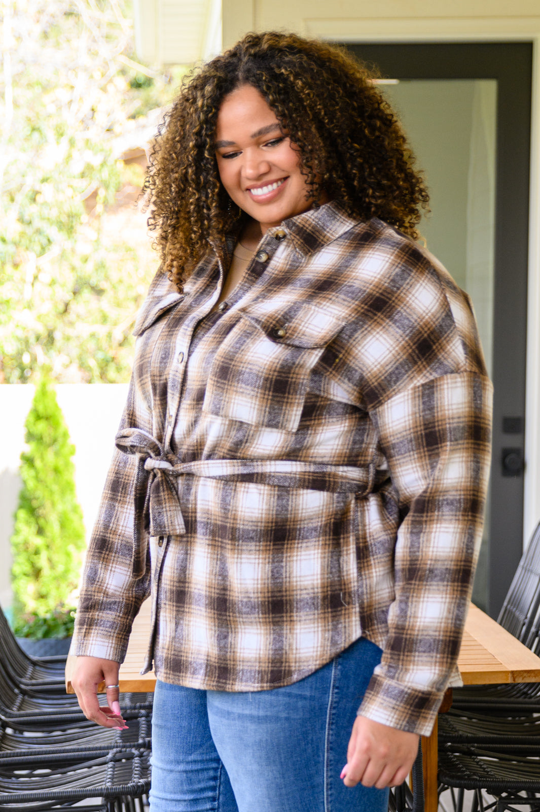 Outside Stroll Plaid Waist Tie Shacket In Brown