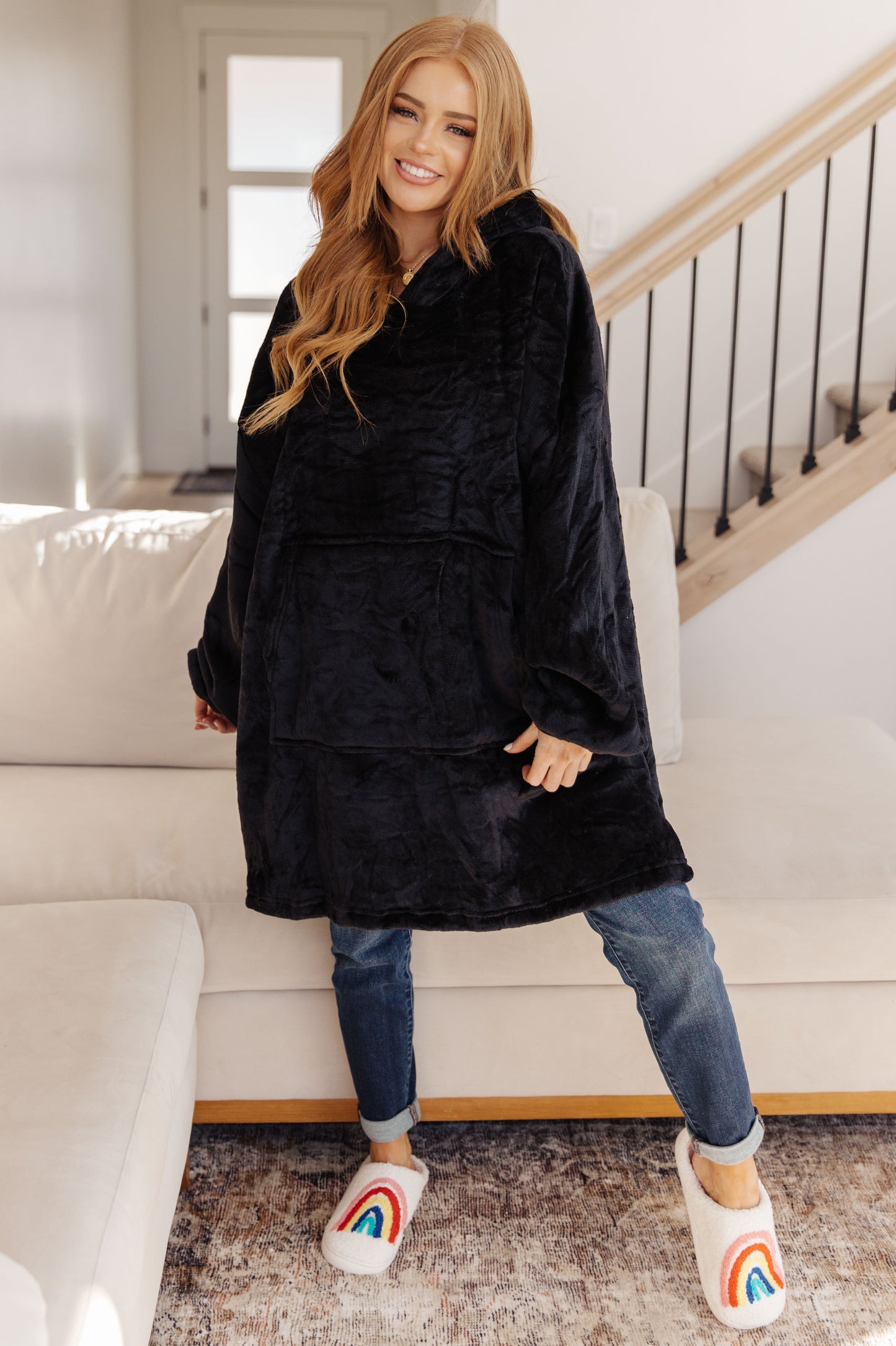 Oversized Velour Blanket Hoodie in Black