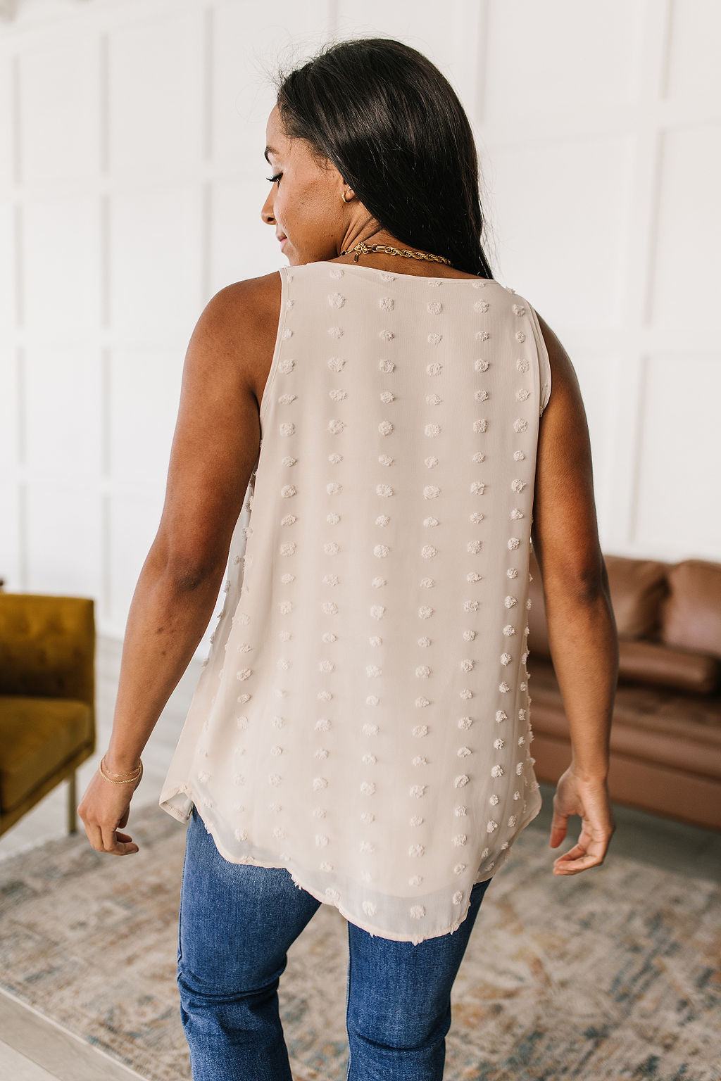 So Far So Good Swiss Dot Sleeveless Top in Sand