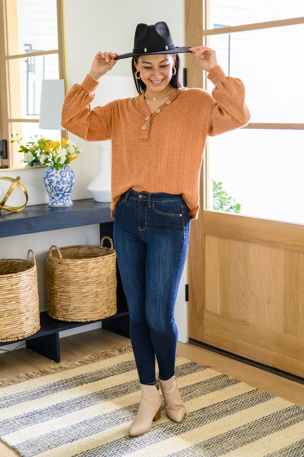 Speak Sweetly Textured Knit Top With Buttons In Rust