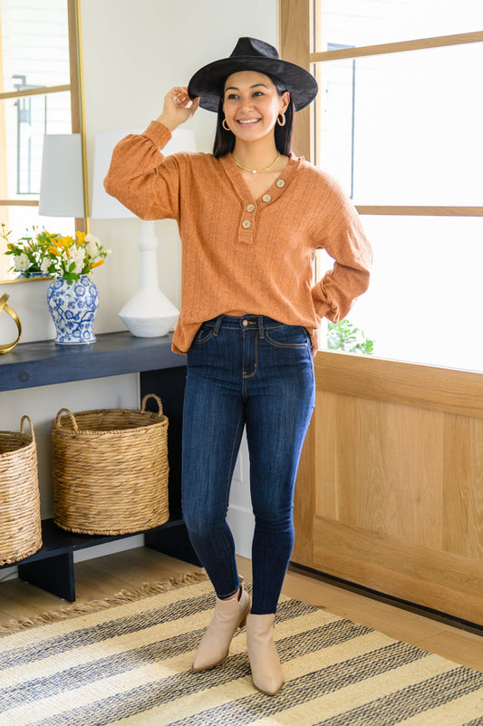 Speak Sweetly Textured Knit Top With Buttons In Rust