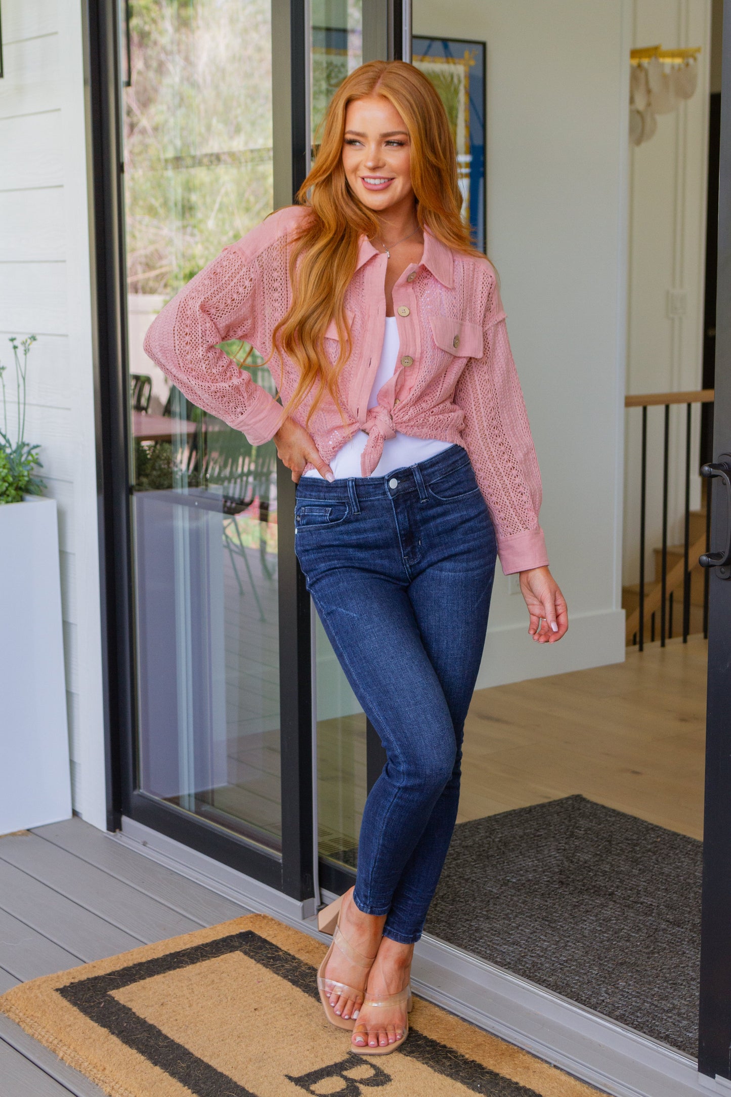 Sweeter Than Nectar Lace Button Down in Rose