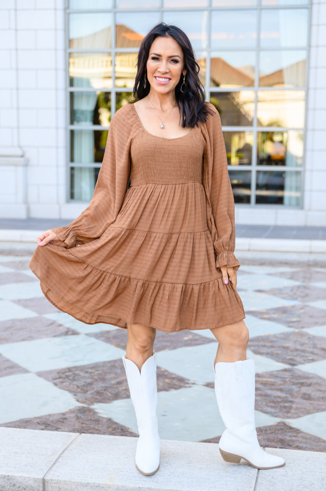 Sweetest Soul Tiered Knee Length Dress In Camel