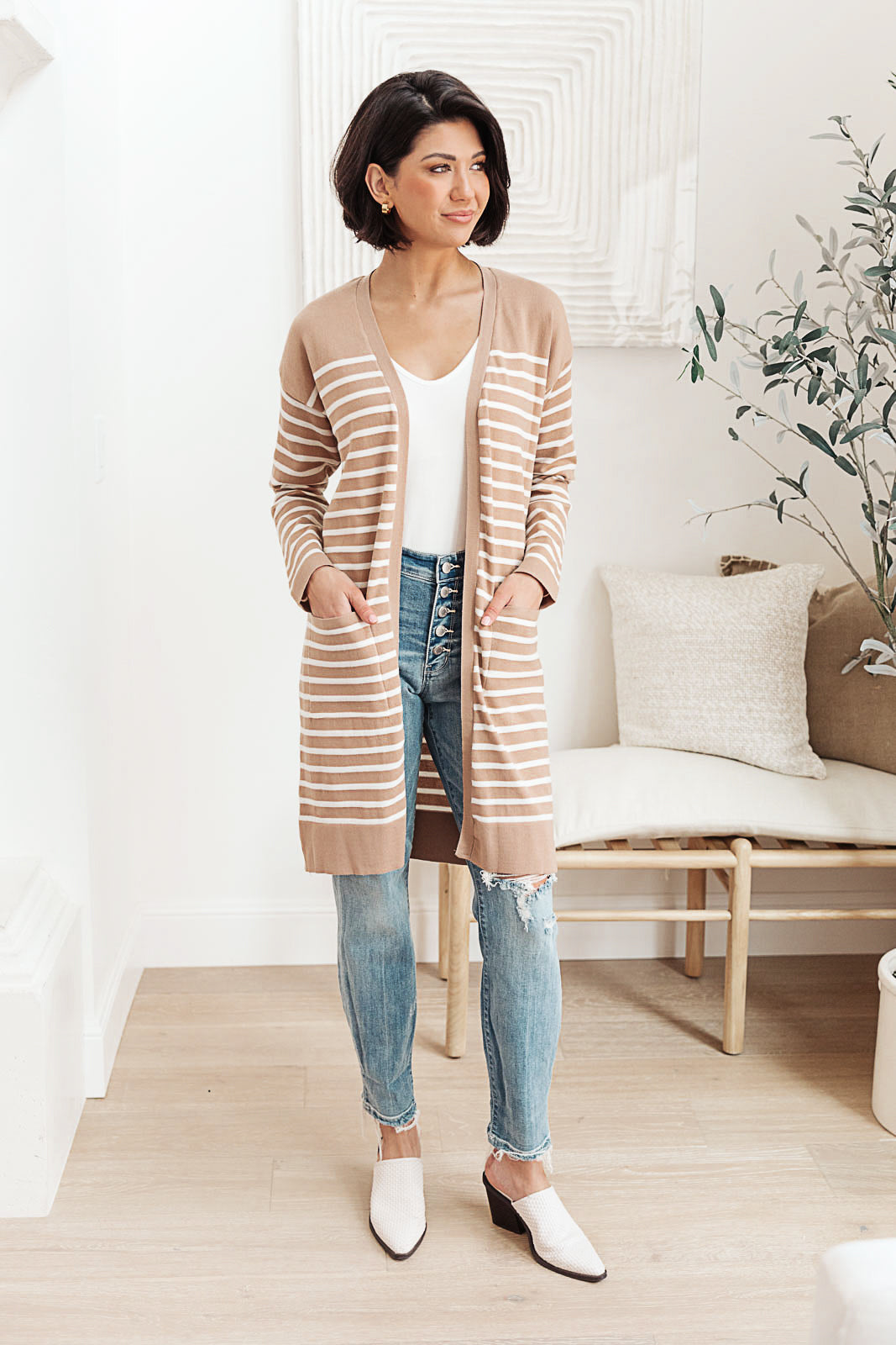 Swift Stripes Pocket Cardigan In Taupe