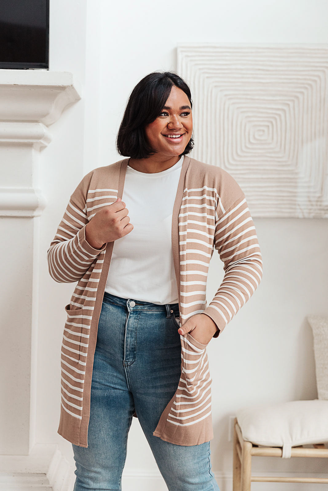 Swift Stripes Pocket Cardigan In Taupe