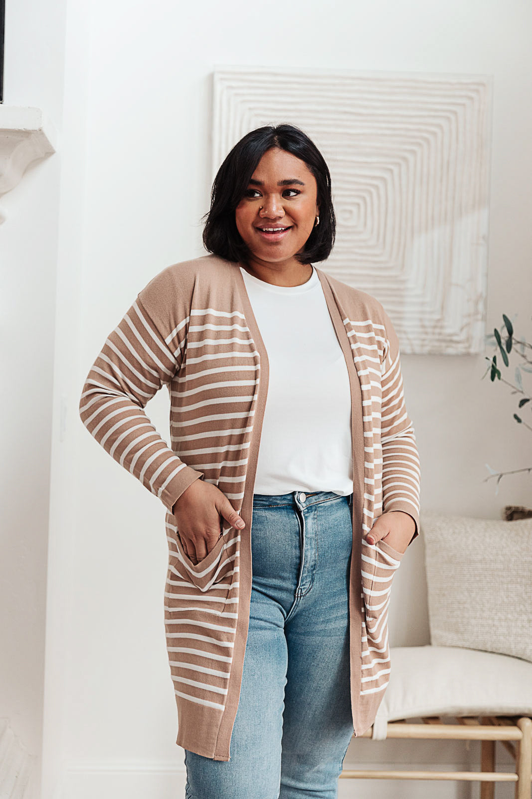 Swift Stripes Pocket Cardigan In Taupe