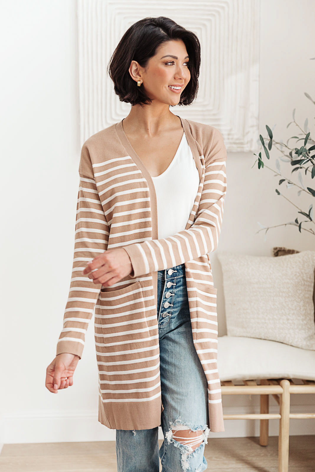 Swift Stripes Pocket Cardigan In Taupe